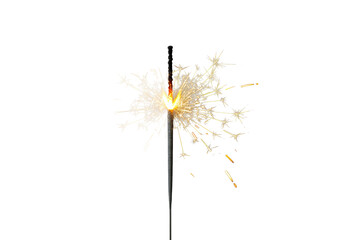 Sleek metallic golden sparkler with luminous yellow, orange sparks, glowing ember trails radiating, pristine split white, gray background, high-key shadowless lighting. Concept of isolated brilliant