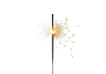 Sleek metallic golden sparkler with luminous yellow, orange sparks, glowing ember trails radiating, pristine split white, gray background, high-key shadowless lighting. Concept of isolated brilliant