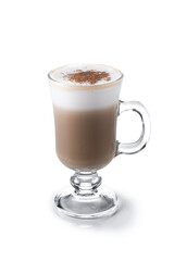 Maple Latte with Cinnamon in Glass Mug isolated o white background