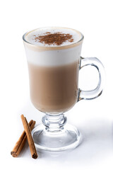 Maple Latte with Cinnamon in Glass Mug isolated o white background
