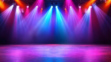 Stage Spotlight Symphony: A dynamic array of vibrant stage spotlights casts a colorful and energetic glow across an empty performance space.