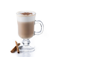 Maple Latte with Cinnamon in Glass Mug isolated o white background. Copy space