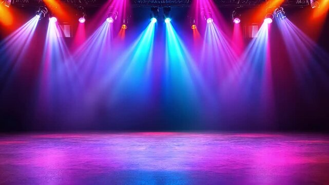Stage Spotlight Symphony: A dynamic array of vibrant stage spotlights casts a colorful and energetic glow across an empty performance space.