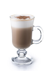 Maple Latte with Cinnamon in Glass Mug isolated o white background