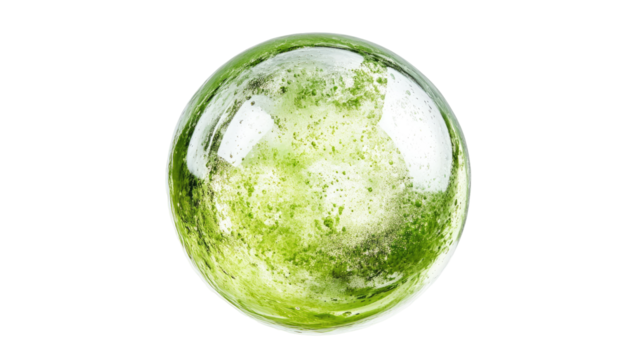 A translucent, round sphere filled with a swirling, mottled green liquid.  It appears slightly uneven, with patches of varying intensity