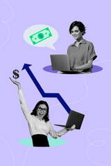 Trendy banner poster image photo collage of happy business partners girls hold laptop freelancer...