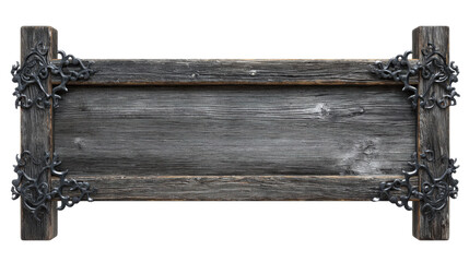 A rustic wooden sign with weathered wood and metal accents, set against a transparent background. The frame is made of dark gray chains that form an elegant border around the edges of the board. 