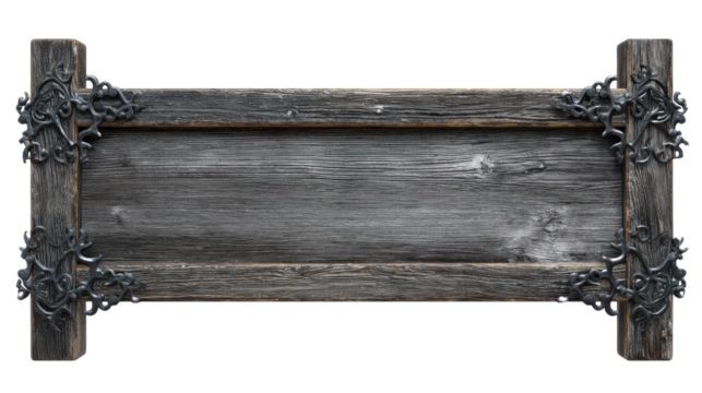 A rustic wooden sign with weathered wood and metal accents, set against a transparent background. The frame is made of dark gray chains that form an elegant border around the edges of the board.  - Powered by Adobe