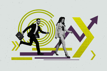Poster banner collage of business team run fast lead arrows up with buttons on grey color background