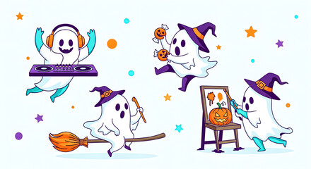 Obraz premium Ghosts painting Halloween pumpkin on easel 