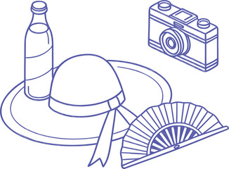 Minimalist summer travel line art with hat, hand fan, bottle, and vintage camera. Clean blue outline illustration perfect for vacation, tourism, and leisure concepts. Ideal for posters 