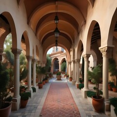 Fototapeta premium Elegant Arched Walkway with Lush Landscaping in a European Style Courtyard Setting