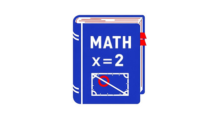 Illustration of a blue math textbook with the equation x equals two and a rectangle diagram on it ai genrated
