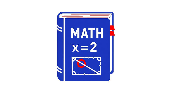 Illustration of a blue math textbook with the equation x equals two and a rectangle diagram on it ai genrated