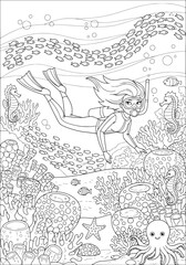 A girl diver swims underwater at sea. coloring book