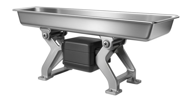 Vibratory conveyor system with a stainless steel trough for food processing facilities.