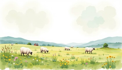 Obraz premium Grazing Sheep Serene Watercolor Field