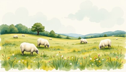 Fototapeta premium Charming Watercolor Vignette Grazing Sheep