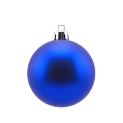 Royal blue matte spherical Christmas ornament with a silver cap and delicate hanging loop, isolated on a pure bright white seamless studio background with high-key lighting, no shadows. Product