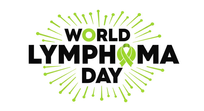 World Lymphoma Day awareness campaign poster with green ribbon and celebratory fireworks design on a dark background - Powered by Adobe