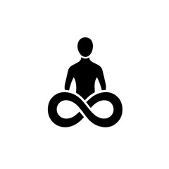 Minimalist silhouette icon of a person in a meditation pose with an infinity symbol, representing endless wellness and spiritual balance.