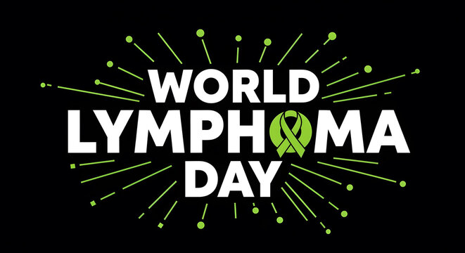 World Lymphoma Day awareness campaign poster with green ribbon and celebratory fireworks design on a dark background - Powered by Adobe