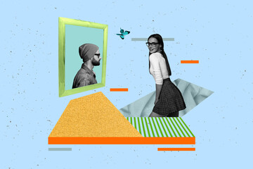 Pop template collage of people girl guy looking with picture frame lawn grass on blue color background