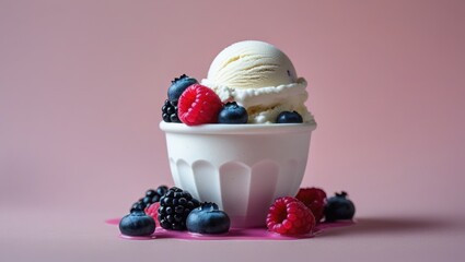 White vanilla ice cream cup with berries on a soft pink backdrop