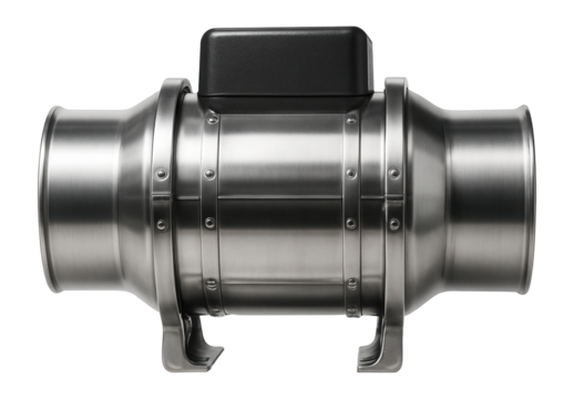High-pressure inline duct fan with a robust steel housing for laboratory fume extraction.