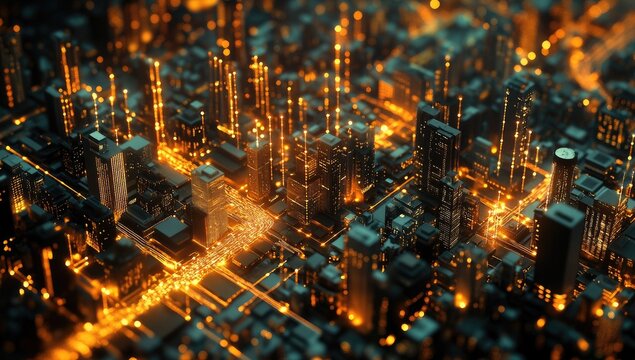 Abstract city, glowing circuitry