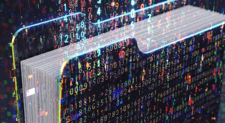 Book with digital data overlay represents knowledge and information