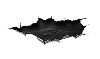 A dark, textured, irregular hole or tear in a black surface, resembling a piece of torn or ripped paper or fabric.  The edges of the hole show a rough, jagged outline
