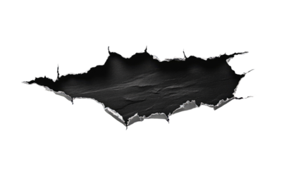 A dark, textured, irregular hole or tear in a black surface, resembling a piece of torn or ripped paper or fabric.  The edges of the hole show a rough, jagged outline