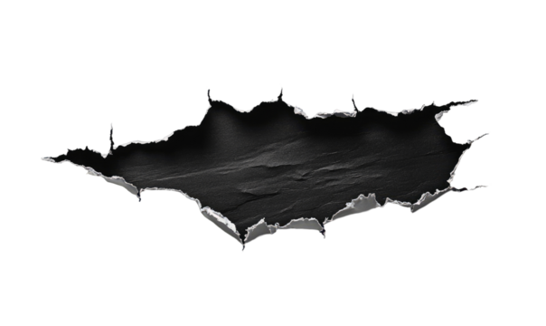 A dark, textured, irregular hole or tear in a black surface, resembling a piece of torn or ripped paper or fabric. The edges of the hole show a rough, jagged outline