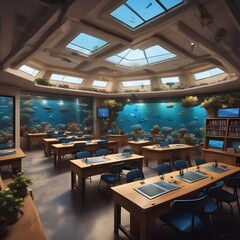 Tranquil Classroom Immersed in an Underwater World with Natural Light Streaming Through Skylights Above.