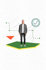 Vertical 3d collage poster of happy manager guy stand checkmark symbol confirmation deal...