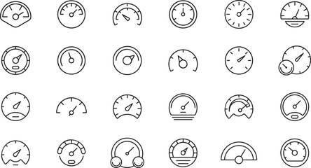 Speedometer and Gauge Icon Set &ndash; Speed, Meter, Dashboard, Measurement, RPM, Dial, Car, Performance, Indicator, Fuel, Needle, Line Art, Instrument, Vehicle, Symbol