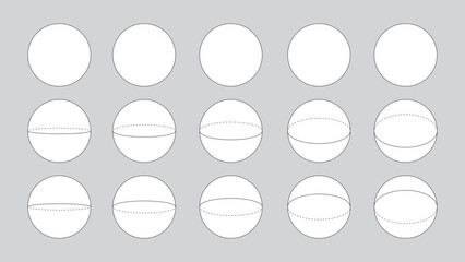 様々な角度から見たカットされた球のセット。図形のベクターイラスト