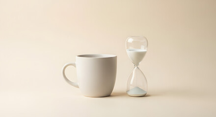 Fototapeta premium Coffee break time concept with hourglass and cup drink still life arrangement shot