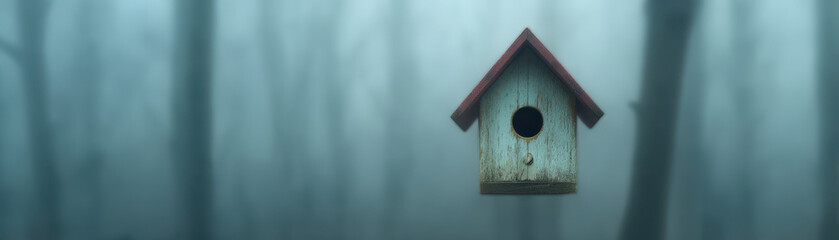 Nature escape from tech,wooden birdhouse offers peaceful escape from tech in nature surrounded by misty forest creating calm and serene atmosphere