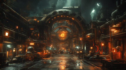 Illustrate a vintage assembly line with weathered industrial machinery