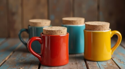 colorful_ceramic_mugs_with_cork_lids_on_rustic_wooden_background