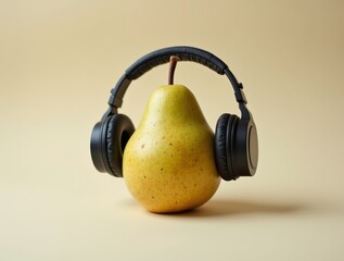 conceptual_portrait_of_a_pear_in_headphones_on_a_neutral_backdrop