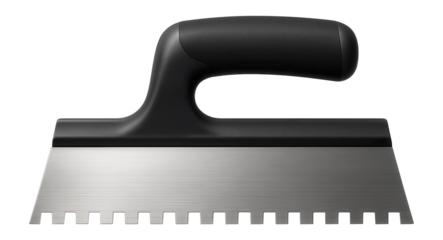 Notched plaster spreader with a steel edge for applying adhesive in a tiling project.