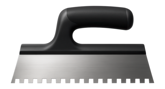 Notched plaster spreader with a steel edge for applying adhesive in a tiling project.