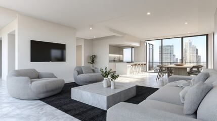 Modern open-plan living area with city views