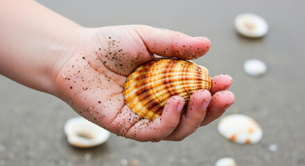 Childs hand holding a seashell on a sandy beach