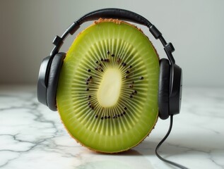 sliced_kiwi_wearing_headphones_on_a_marble_surface