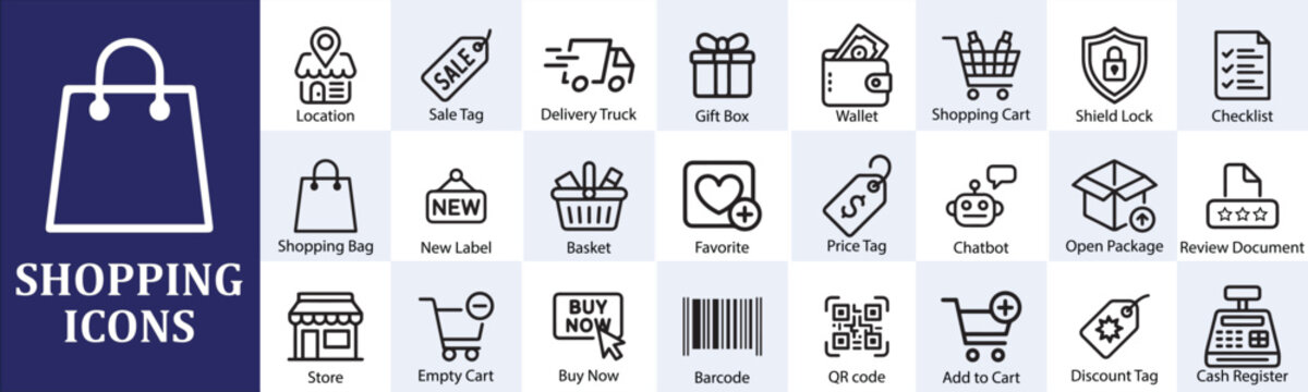 Shopping Icons Set with Bags Carts Tags Delivery and Retail Symbols