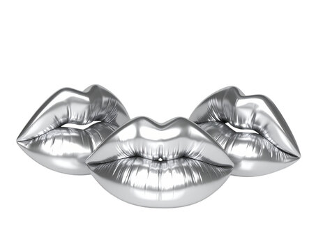 Silver lips metallic kiss beauty shine glamour art on transparent background
